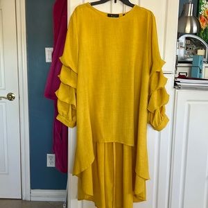 Mustard Yellow Ruffle Sleeve High-Low Dress - Women's